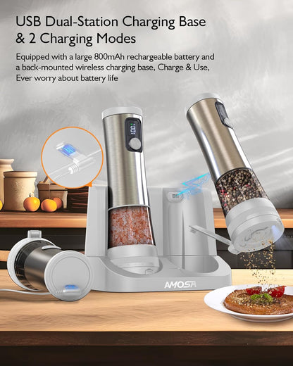 Electric Salt and Pepper Grinder Set, 2 in 1 Dual Bins USB Rechargeable