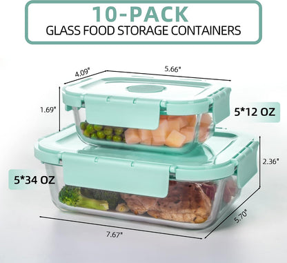 Glass Food Storage Containers 10 Pack, Meal Prep Containers with Snap Locking Lids Airtight Built in Air Vents, Glass Lunch Containers, Microwave/Dishwasher Safe, Navy Blue