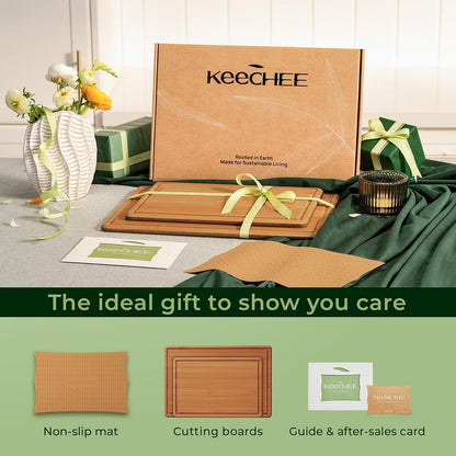 Keechee Cutting Board with Non-slip Mat, Bamboo Cutting Board for Kitchen Meal Prep & Serving - Wood Serving Board Set with Deep Juice Groove Ideal Kitchen Gifts