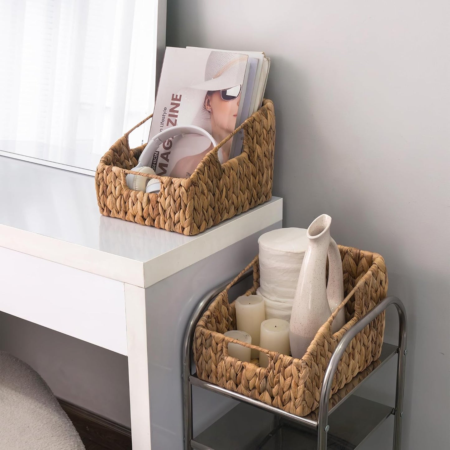 KOKODO 2-Pack Open Front Pantry Baskets, Handwoven Water Hyacinth Wicker Storage Baskets with Built-in Handles, Organizing Bins for Shelves