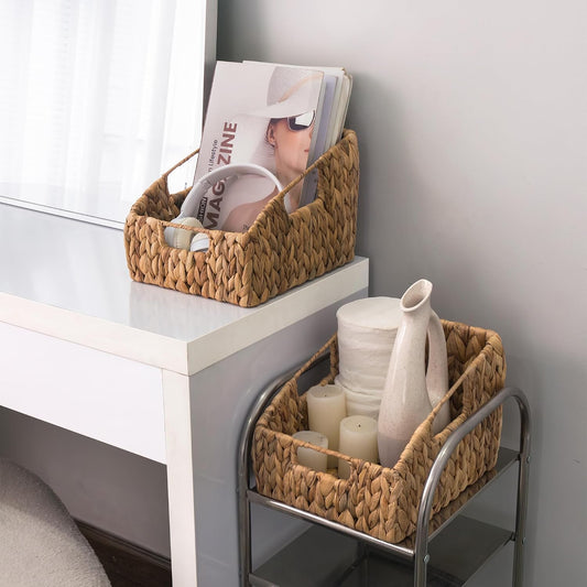 KOKODO 2-Pack Open Front Pantry Baskets, Handwoven Water Hyacinth Wicker Storage Baskets with Built-in Handles, Organizing Bins for Shelves
