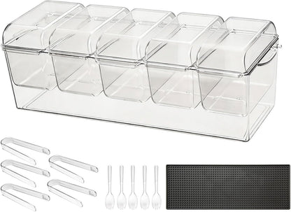 VEVOR Chilled Condiment Server Caddy, 5 Compartment Ice Cooled Serving Container, Plastic Fruit Garnish Tray Platter with Lid, for Taco Salad Bar Accessories, Party Home Restaurant Supplies