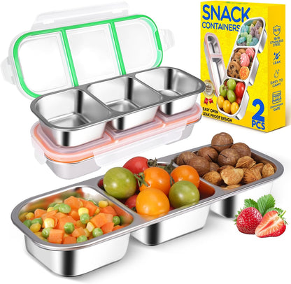 2Pack Stainless Steel Snack Containers for Kids Adults, Reusable 3 Compartment Snackle Box Container with Leakproof Lids Metal Bento Lunch Boxs Food Storage Containers for Travel Picnics Office School