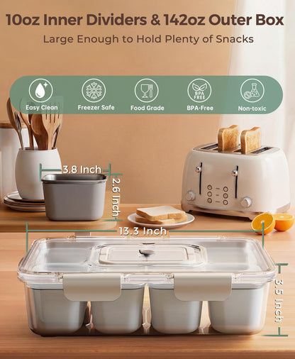 Snackle Box Container with 8 Removable Stainless Steel Compartments Divided Serving Tray with Portable Handle for Beach, Road Trip, Picnic, Boat Days, Ball Games, Pool and Parties