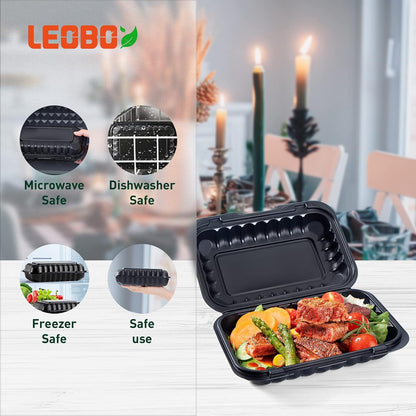 Takeout Container Mineral Filled PP Plastic - 7.8 Inch 30oz 65 Pack BPA Free 3 Compartments Shrink Wrap Bento Box | Freezer & Microwave Safe for Picnic | Black Reusable & Disposable Containers