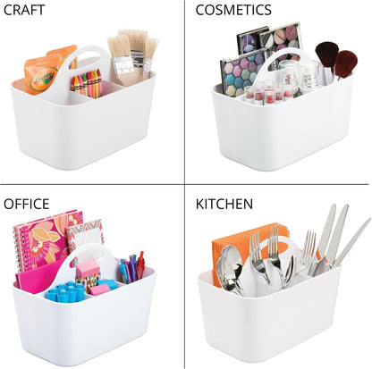 mDesign Plastic Cutlery Storage Organizer Caddy Bin Tote with Handle - Kitchen Cabinet Divided Pantry Basket for Forks, Knives, Spoons, Napkins, Indoor/Outdoor Use, Lumiere Collection, White