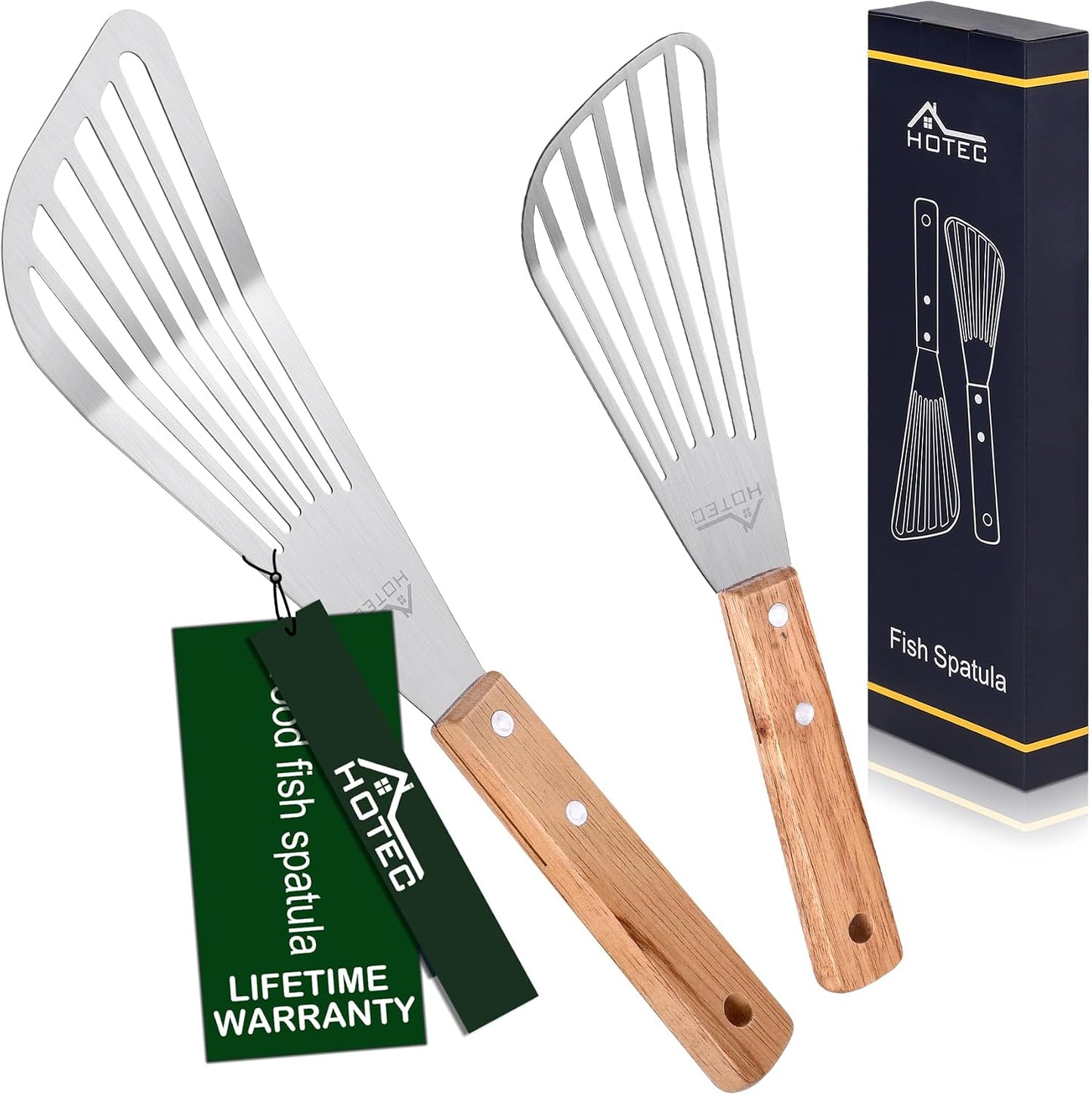 HOTEC 2pcs Stainless Steel Wooden Handle Fish Spatula, Metal Spatula Flipping Foods