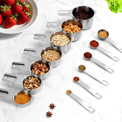 7x Stainless Steel Measuring Cups with 6x Measure Spoons Set,4x Py&Rex Plastic liquid Measurings Cups for Liquids,Kitchen Gadgets for Cooking & Baking Utensils Christmas Gift (17Pcs)