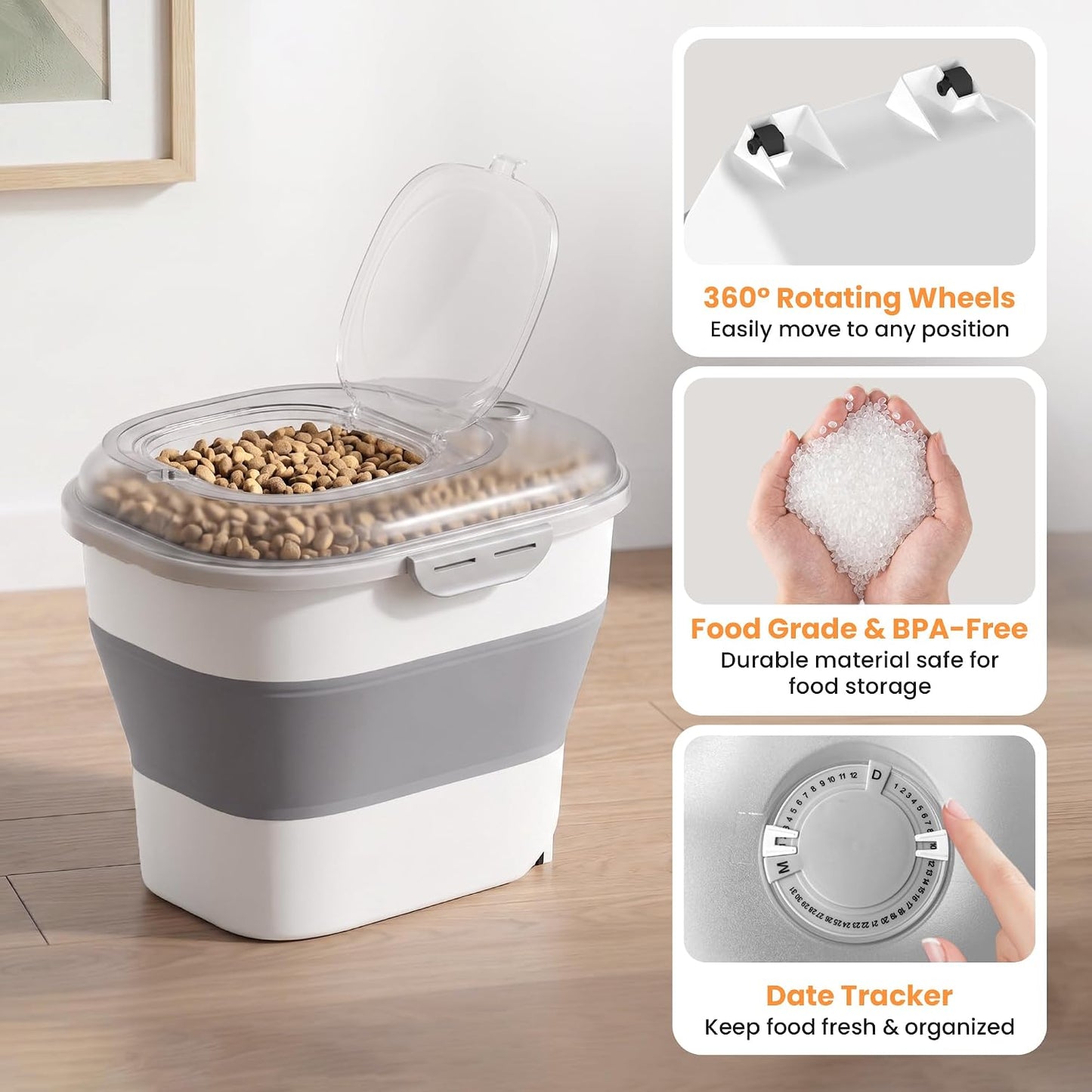 50 Lbs Rice Storage Container with Wheels, Collapsible Airtight Rice Holder with Transparent Lid, Measuring Cup, Scoop, Handle, BPA Free Food Storage Container for Pet Food, Grain, Bird Seed