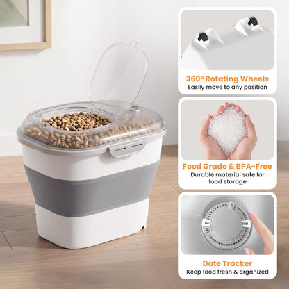 50 Lbs Rice Storage Container with Wheels, Collapsible Airtight Rice Holder with Transparent Lid, Measuring Cup, Scoop, Handle, BPA Free Food Storage Container for Pet Food, Grain, Bird Seed