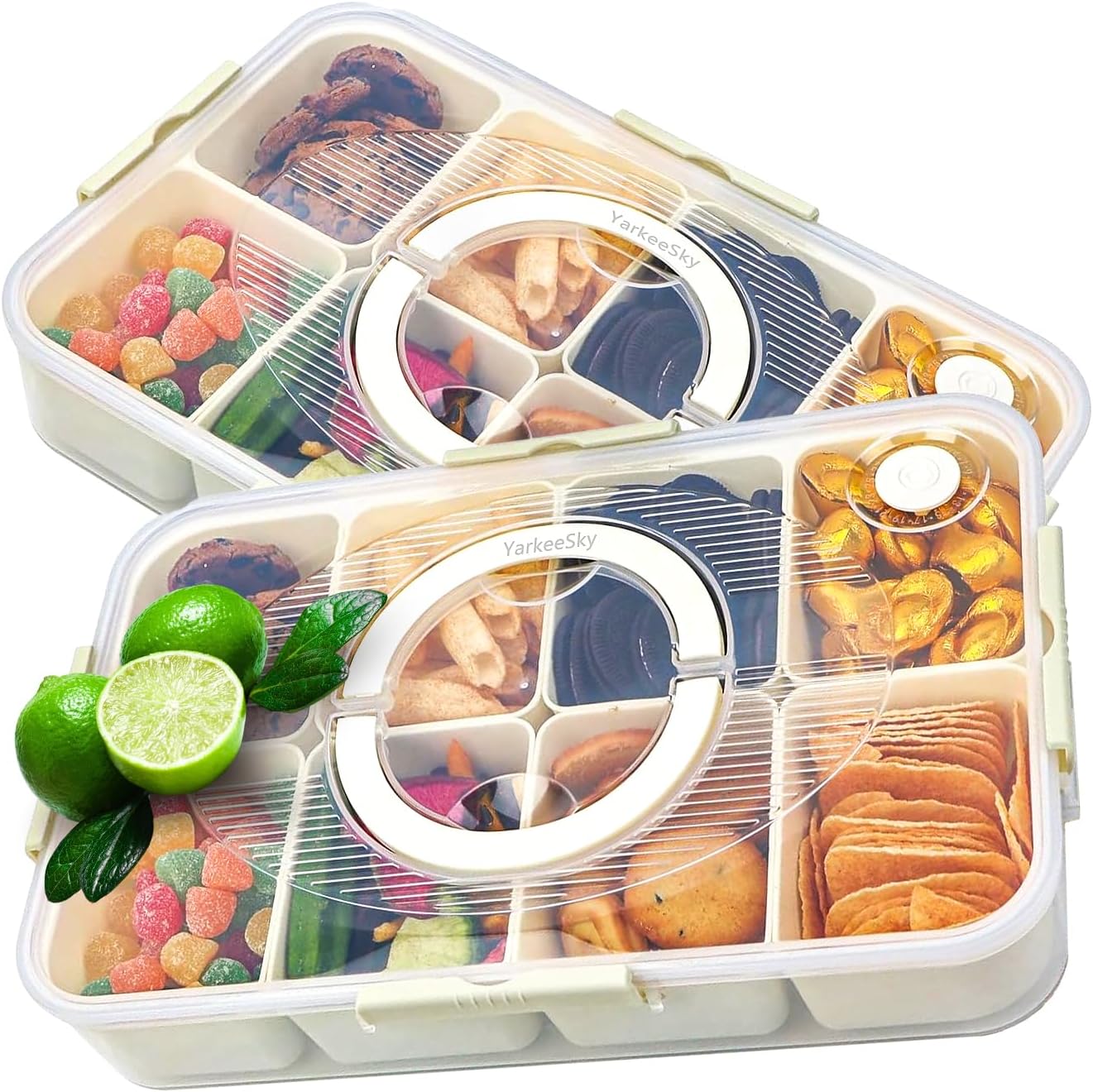 Air-tight Snackle Box Container Dishwasher Safe, Divided Serving Tray with Lid and Handle, Portable Snack Platters Containers for Candy Fruits, Charcuterie Organizer for Picnic 2PCS