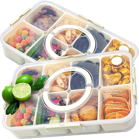 Air-tight Snackle Box Container Dishwasher Safe, Divided Serving Tray with Lid and Handle, Portable Snack Platters Containers for Candy Fruits, Charcuterie Organizer for Picnic 2PCS
