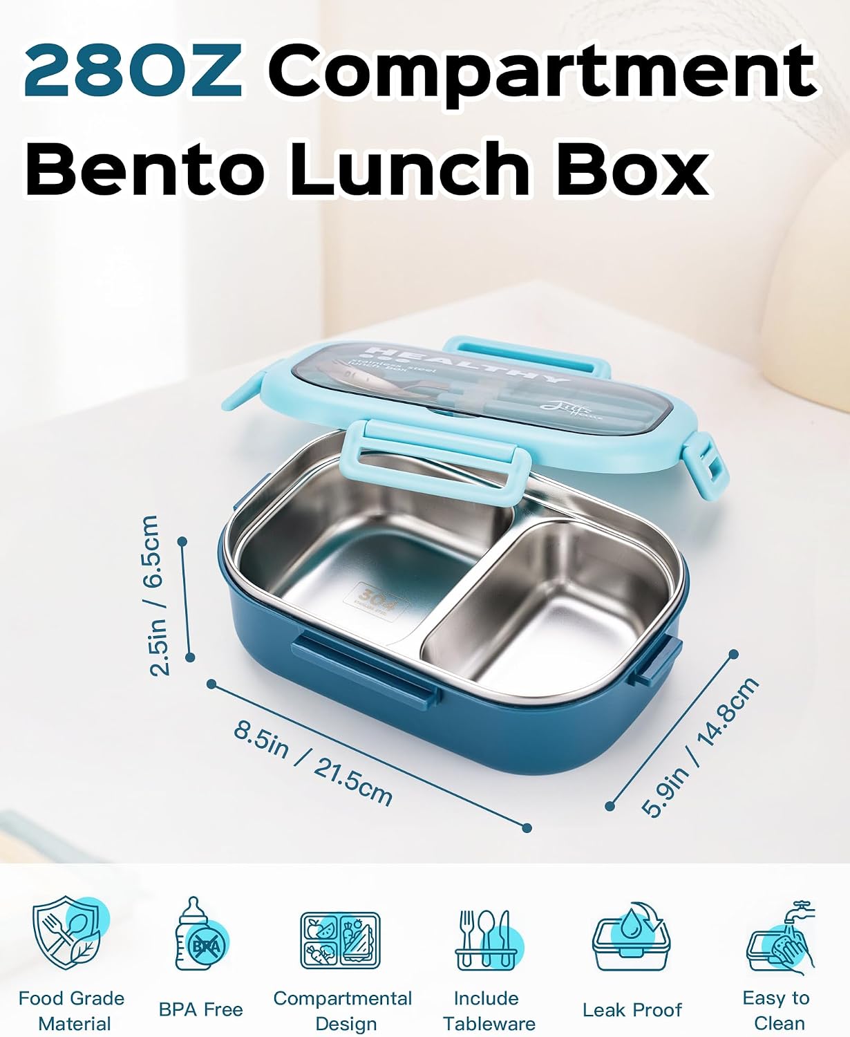 Lille Home 28oz Stainless Steel Leakproof 2-Compartment Bento Lunch Box/Portion Control Food Container with Lunch Bag and Cutlery Set, BPA Free (pink)