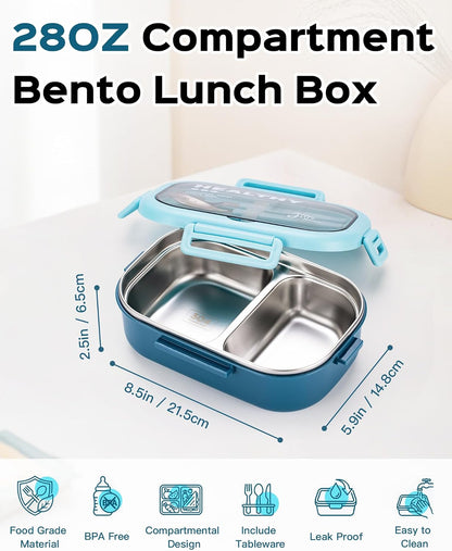 Lille Home 28oz Stainless Steel Leakproof 2-Compartment Bento Lunch Box/Portion Control Food Container with Lunch Bag and Cutlery Set, BPA Free (pink)