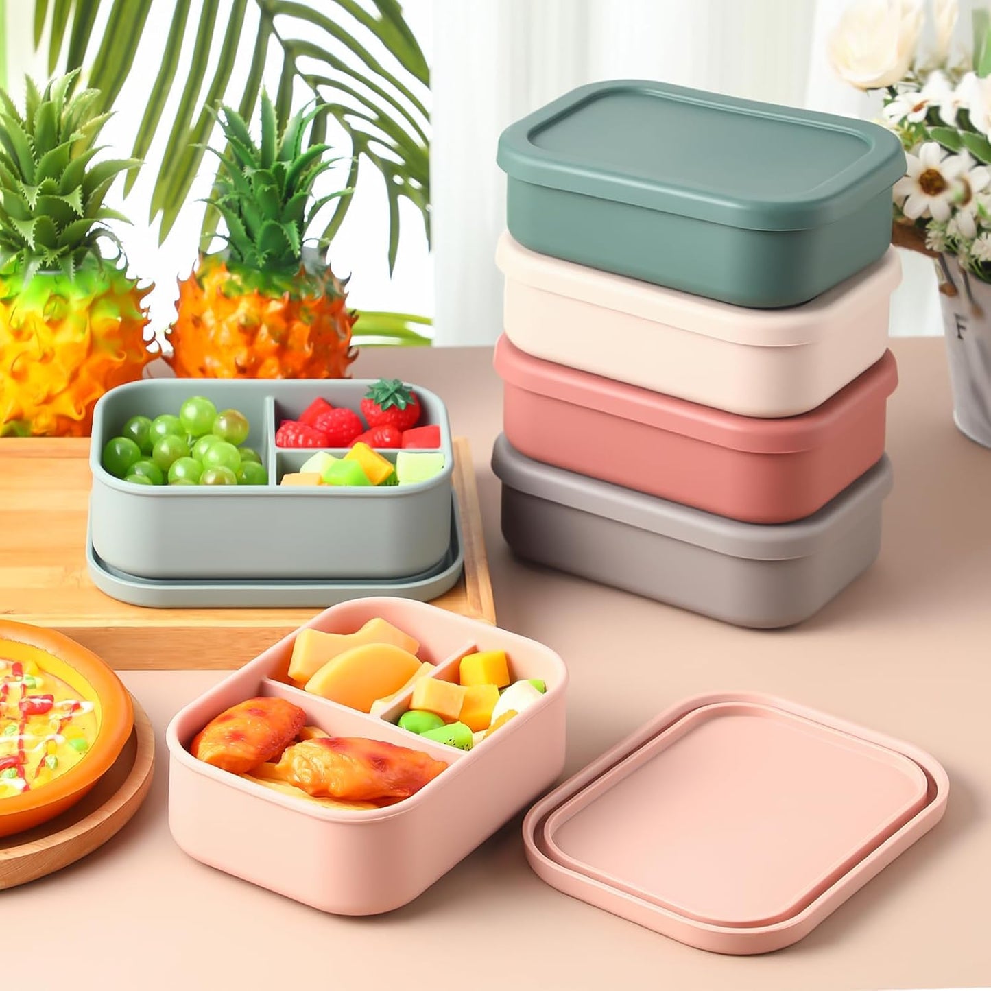Honeydak 6 Pcs Silicone Bento Box Reusable Silicone Bento Lunch Container for Adults Microwave Dishwasher Freezer Safe 3 Compartment (Light Colors)