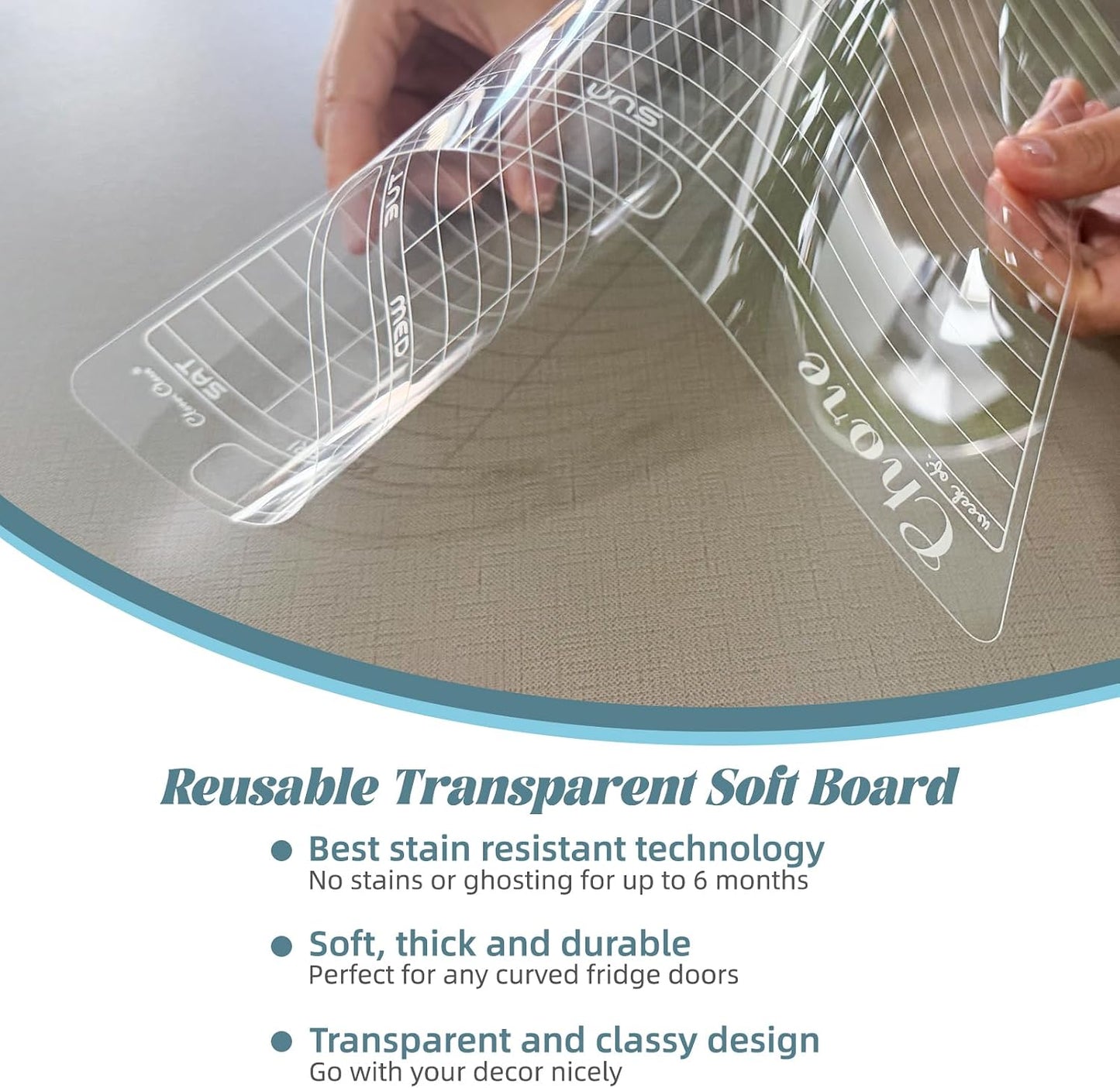 Clear Non-Magnetic Meal Planner Set for Fridge - Dry Erase Transparent Menu and List Board - Sticks to Wall, Glass, Door, Any Smooth Surfaces
