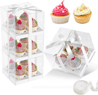 JCD 4 Pack Clear Cupcake Boxes, Plastic Cupcake Containers with Gift Ribbon, 5.5inches height Holder 6 Count Cup Cake Boxes for Parties, Baking, Wedding, Transport (6count/4pcs)