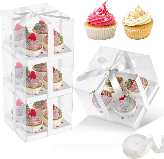 JCD 4 Pack Clear Cupcake Boxes, Plastic Cupcake Containers with Gift Ribbon, 5.5inches height Holder 6 Count Cup Cake Boxes for Parties, Baking, Wedding, Transport (6count/4pcs)