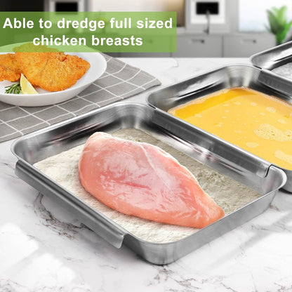 HULISEN Set of 3 Breading Pans, Stainless Steel Breading Set for Marinating Meat, Chicken, Fish, Food Prep Trays, Coating Trays Can Be Used to Baking Cake, Oven Safe