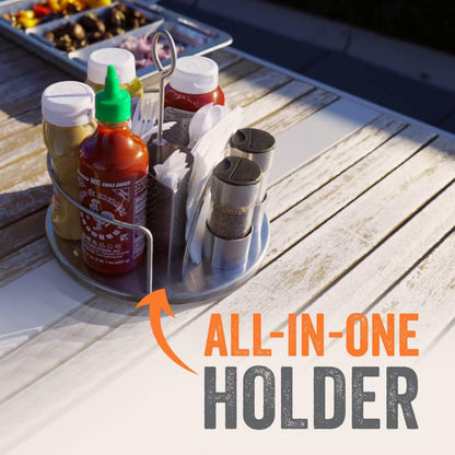 Yukon Glory Stainless Steel Rotating Condiment Caddy, Lazy Susan Utensil Caddy with Napkin Holder, BBQ Grill Caddy for Outdoor Patio Table & Picnic