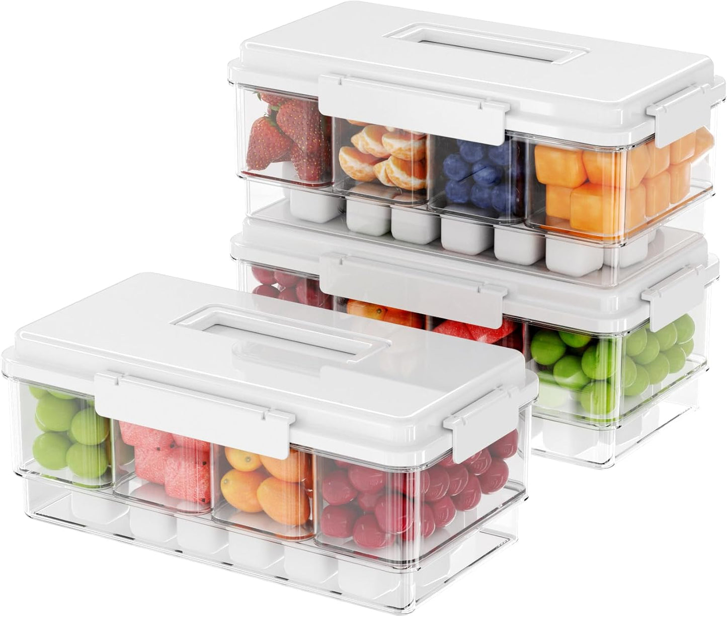 2Pack Chilled Condiment Caddy with 4 Containers 4 Lids Fruit Serving Tray Platter with Handle Portable Snackle Box Organizer Server with Ice Pack for Mimosa Bar Supplies,Salad,Taco,Party Garnish,Beige