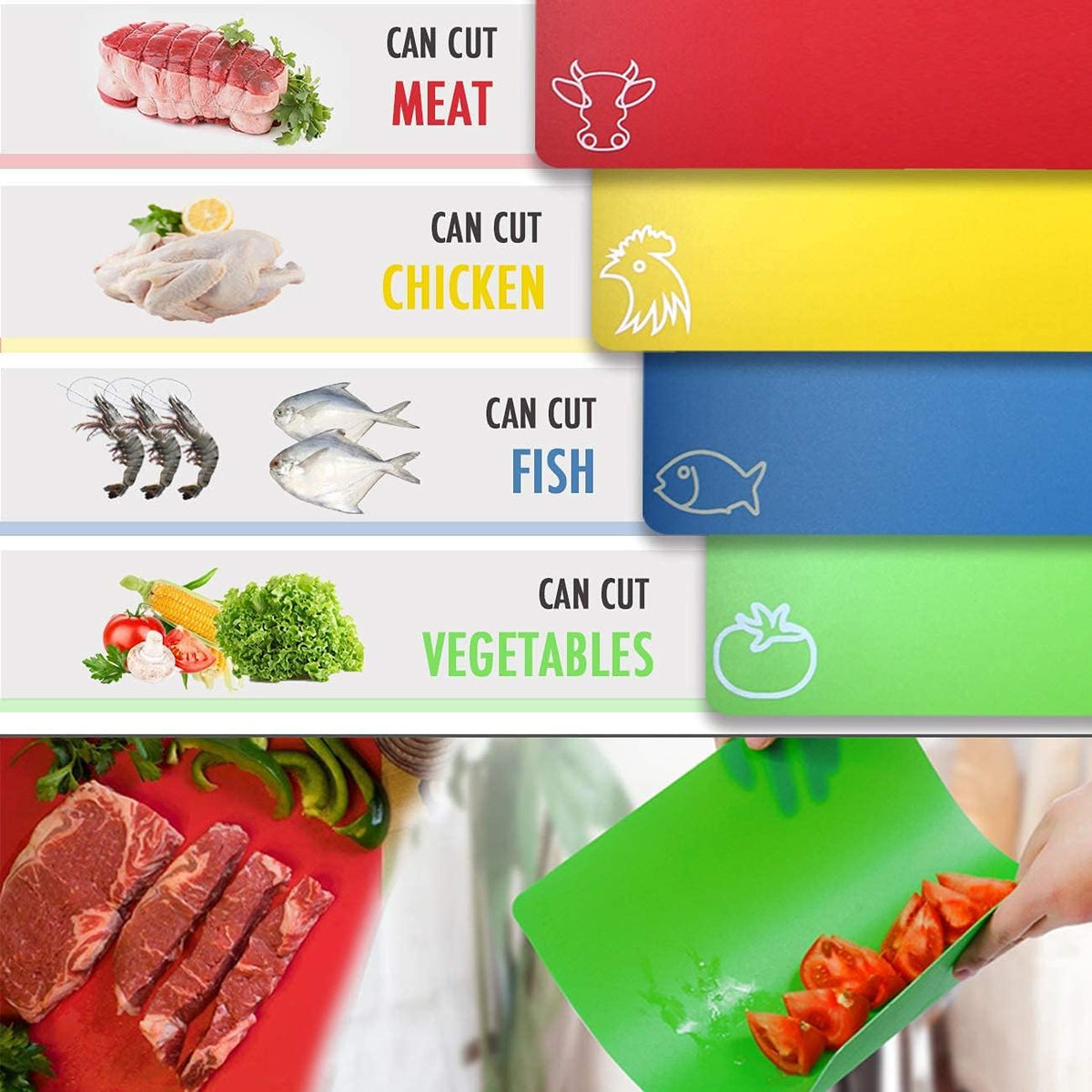 Fotouzy Plastic Cutting Boards for Kitchen, Flexible Cutting Mats Set of 7, BPA-Free, Non-Porous, Dishwasher Safe, 15x12 In, 7 Translucent Colors