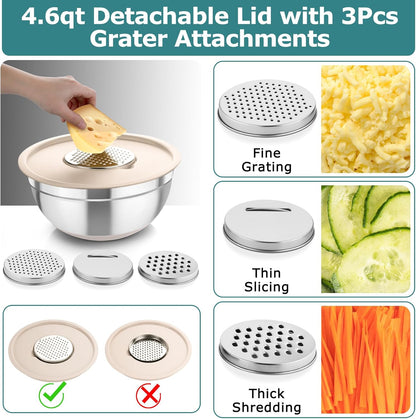 TeamFar Mixing Bowls, 5PCS Stainless Steel Nesting Salad Bowl with Lid & 3 Grater Attachments, for Prepping/Serving/Storing Food, Nontoxic, Airtight Lid & Non-slip Bottom - 4.6/3.5/2.5/1.5/1 QT