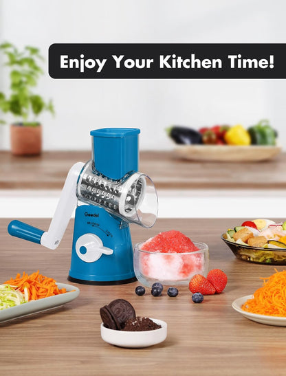 Geedel Rotary Cheese Grater, Kitchen Mandoline Vegetable Slicer with 3 Interchangeable Blades, Easy to Clean Rotary Grater Slicer for Cheese, Vegetables, Nuts