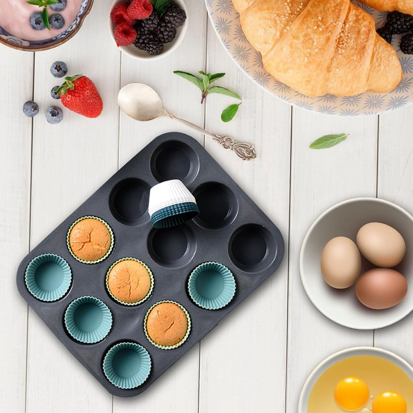 48 Pack Reusable Silicone Muffin Cups, Cupcake Baking Cups Mini Muffin Pan Silicone Cupcake Liners Non-stick Muffin Liners for Party (48, 4 Styles)