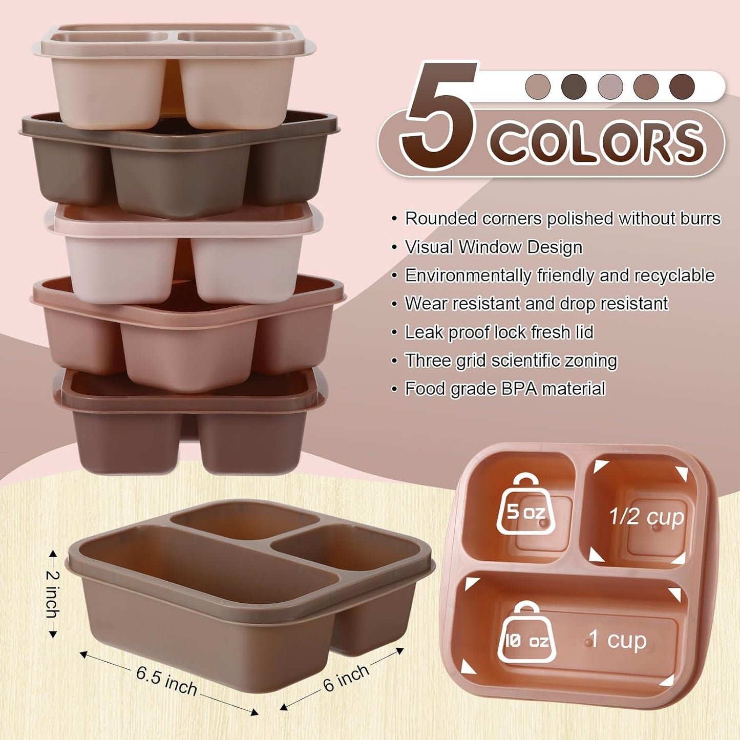 Honeydak 5 Pack Snack Containers 3 Compartment Bento Snack Boxes Divided Meal Prep Containers with Lids Reusable Adults Lunch Food Storage Box for School Work Travel(Elderberry)