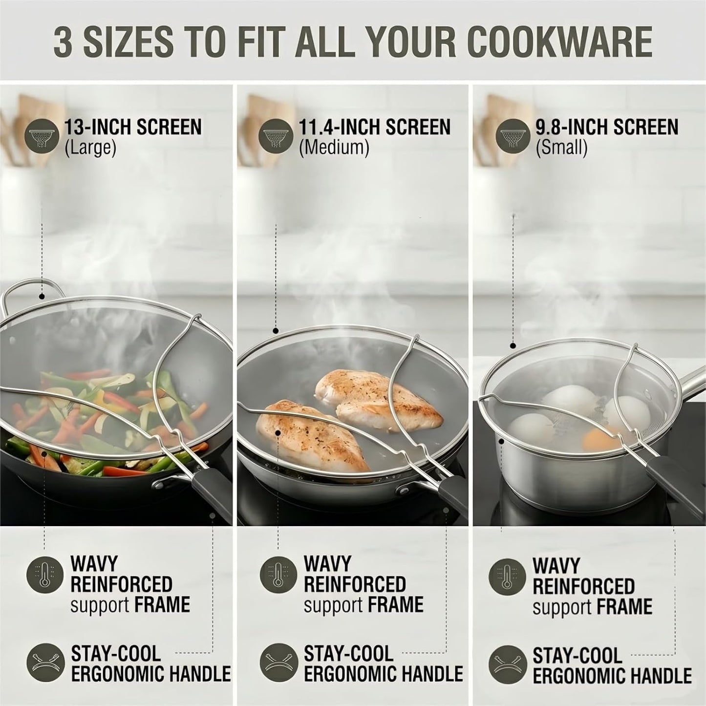 Splatter Screen for Frying Pan 3-Piece Set - Stainless Steel Grease Splatter Guard (13", 11.4", 9.8") - Oil Splash Guard & Fine Mesh Cover for Cooking Bacon