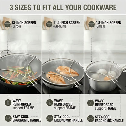 Splatter Screen for Frying Pan 3-Piece Set - Stainless Steel Grease Splatter Guard (13", 11.4", 9.8") - Oil Splash Guard & Fine Mesh Cover for Cooking Bacon
