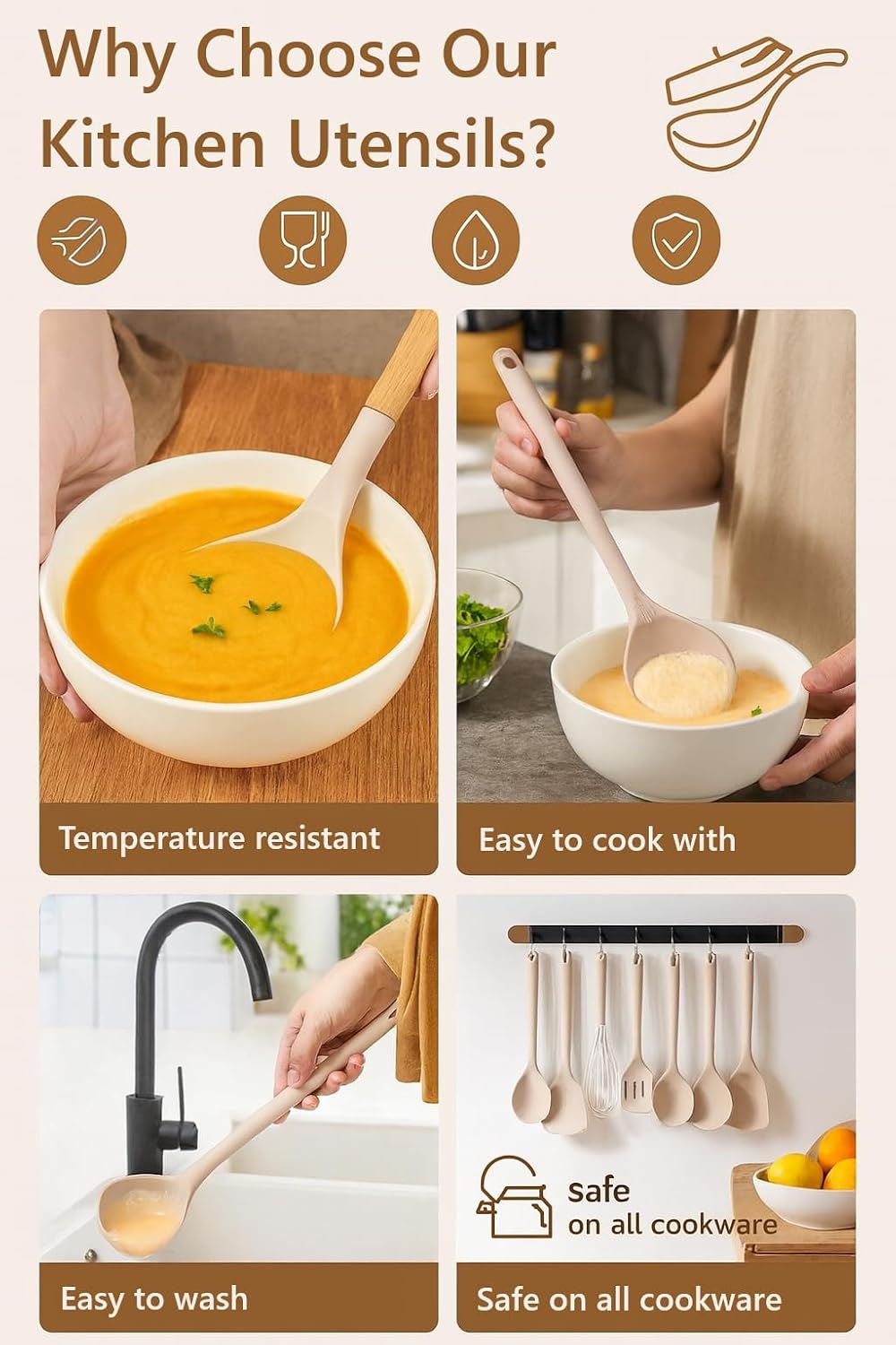14-Piece Silicone Cooking Utensil Set with Wooden Handles & Storage Holder – Heat-Resistant, Non-Stick Safe, Oven Safe – White
