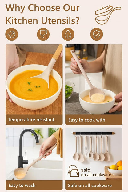 14-Piece Silicone Cooking Utensil Set with Wooden Handles & Storage Holder – Heat-Resistant, Non-Stick Safe, Oven Safe – White