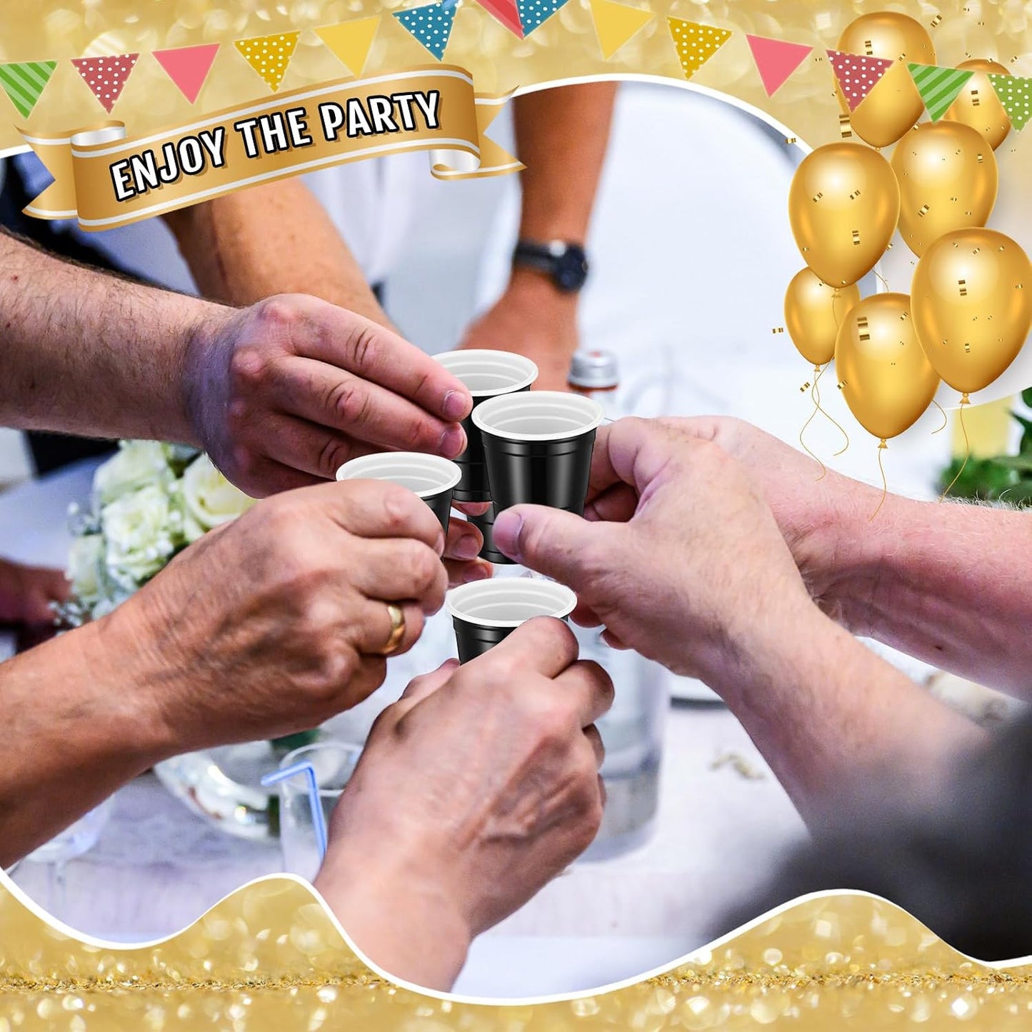 Roshtia 100 Pack 2 oz Plastic Shot Cups, Mini Disposable Shot Glasses 2 oz Wedding Party Cups for Bridal Shower Wedding Party, Beer Taste Serving, Snacks(Black, Gold)