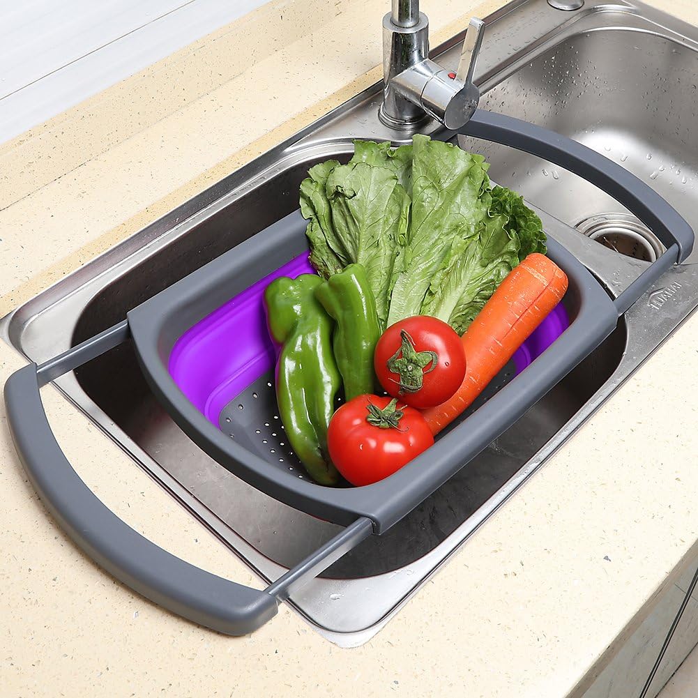 Qimh Colander Collapsible, Over The Sink Veggies/Fruit 6-Quart Strainers and Colanders with Extendable Handles, Folding Strainer for Kitchen