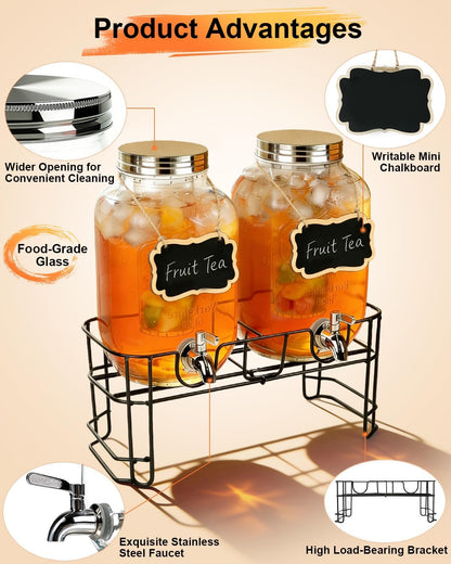 Glass Drink Dispenser 2 Pack with Stand - 1 Gallon Glass Beverage Dispenser for Parties, Juice, Water - Includes Spigot and Filter Separation and Chalkboard Labels