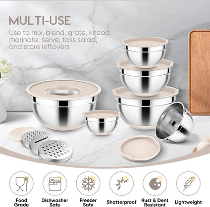 E-far 25PCS Mixing Bowls with Lid Set, Stainless Steel Nesting Prep Bowls with Grater Attachments Non-Slip Bottoms for Cooking, Serving, Food Storage, 4.6/2.6/2/1.5/1/0.7QT - Khaki