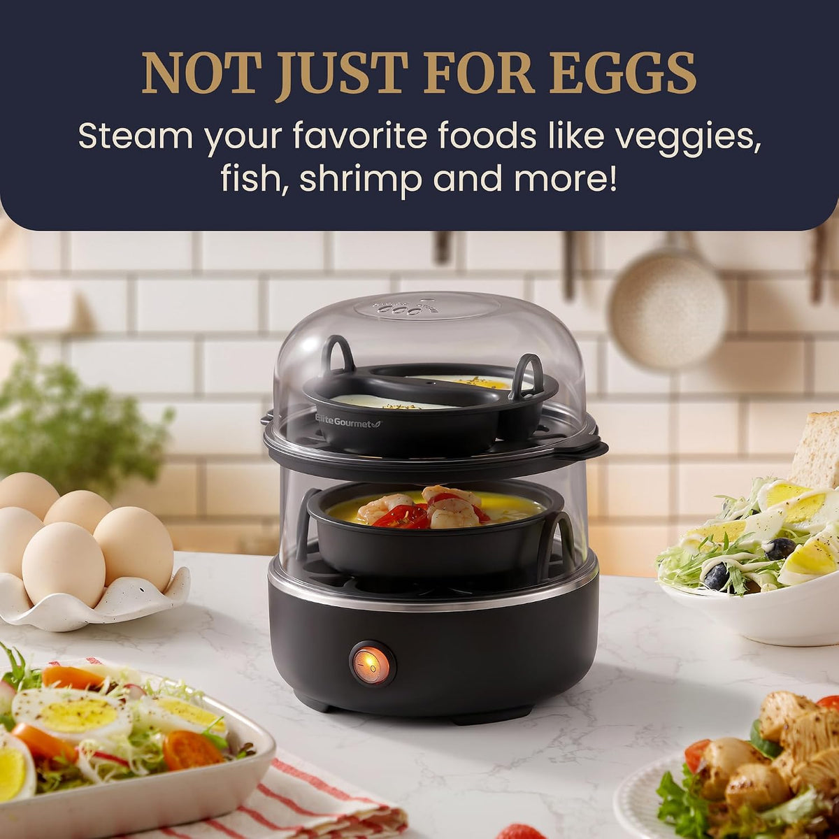 Elite Gourmet 14-Egg Two-Tier Egg Cooker, Steel Plate, Auto Shut-Off