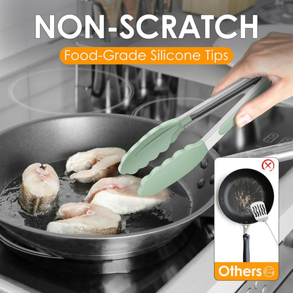 HOTEC Premium Stainless Steel Locking Kitchen Tongs with Silicon Tips, Set of 2-9" and 12"