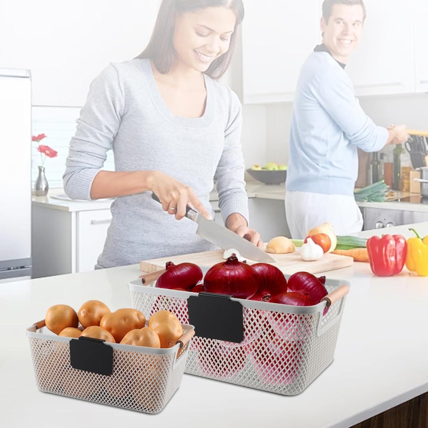 Onion and Potato Storage Baskets,A set of 2 Wooden Handle storage Basket Stackable Plastic Pantry Bins, Multifunctional Organizers for Kitchen, Countertop, and More Vegetable Storage Box (Black-2pack)