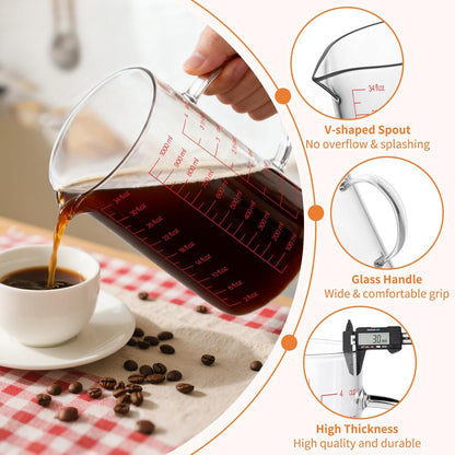 Luvan 34OZ/1000ML Glass Measuring Cup, 4 Cup Glass Measuring Cups With 3 Scales (Ml/Oz/Cup), High Borosilicate Measuring Cup With Handle and V-Shaped Spout, Dishwasher/Freezer/Microwave Safe