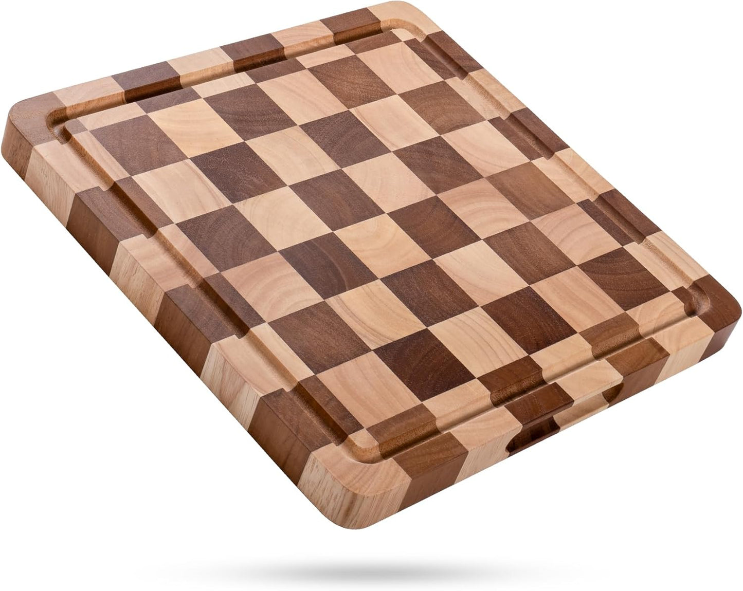 Checkered Cutting Board Set for Kitchen - 3 PCS Solid Wood End Grain Checkerboard Chopping Board with Holder & Juice Groove, Wooden Cutting Boards for Meat, Vegetables, Fruits (S, M, L)