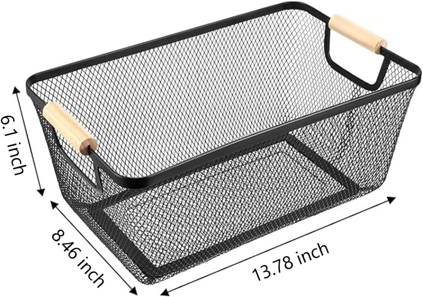 AJIODA Metal Mesh Steel Basket, Large Wire Storage Organizer Basket Multi-function Hanging Kitchen Baskets with Wood Handle for Kitchen Bathroom Picnic Home, Rectangle-Off White