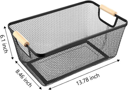AJIODA Metal Mesh Steel Basket, Large Wire Storage Organizer Basket Multi-function Hanging Kitchen Baskets with Wood Handle for Kitchen Bathroom Picnic Home, Rectangle-Off White