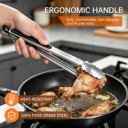 Grill Tongs,Metal Tongs,16 & 12 Inch Heavy Duty Extra Long Stainless Steel Locking Kitchen Tongs,Integrated Tongs‑Spatula Design，Perfect for Cooking, Grilling, Barbecue/BBQ, Buffet, Set of 2