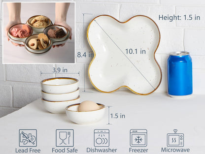 ONEMORE Chip and Dip Serving Set, 8.5 inch Speckled Ceramic Divided Serving Platter Small Appetizer Tray with 4 Removable Dishes for Nuts, Candy, Snacks, Veggies, Rustic Serving Bowls for Entertaining