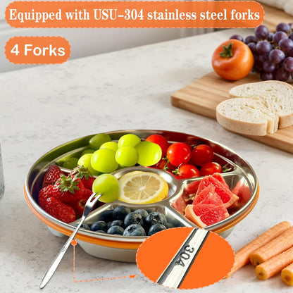 Divided Serving Tray with Lid, Veggie Tray with Lid Stainless Steel 6 Compartments Vegetable and 4 Forks Set for Party Platter, Vegetable Relish Fruit Tray, Snackle Box
