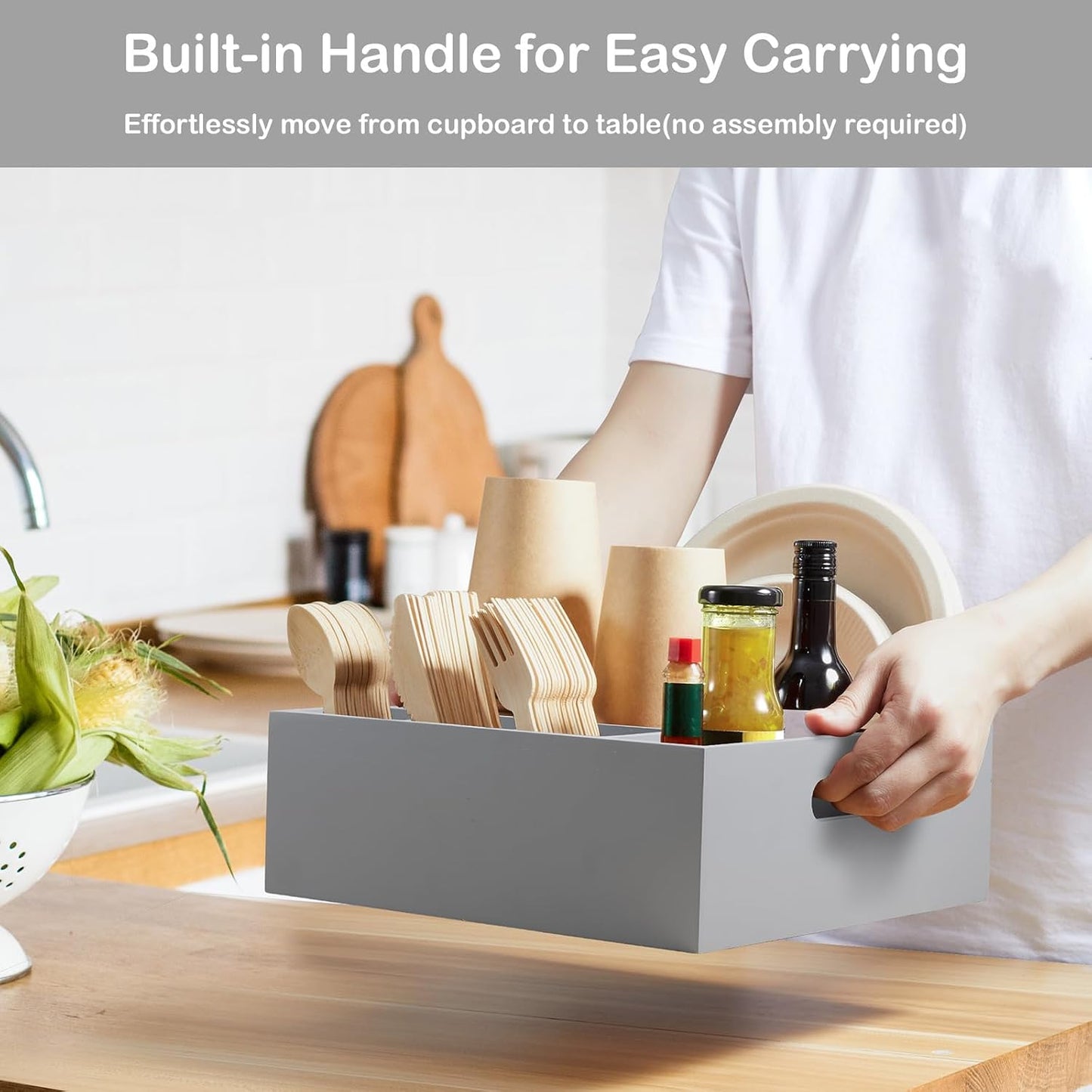 Acacia Wood Utensil Holder for Party, 6-Compartment Paper Plate and Silverware Organizer with Handles, Rustic Utensil Caddy for Parties, Outdoor Gatherings, and Kitchen Countertop Organization
