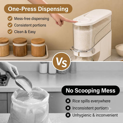 Rice Dispenser 11 Lb, Slim Rice Storage Container with Double Sealing Strip, Press to Dispense Cereal Container Airtight for Kitchen Pantry Organization, (Ivory White-11lb)